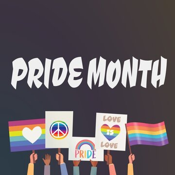 Digital composite image of pride month text on hands holding placards and symbols on gray background