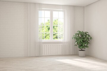 White empty room with summer landscape in window. Scandinavian interior design. 3D illustration