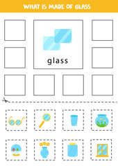 What is made of glass. Learning materials. Educational cards. Cut and glue.