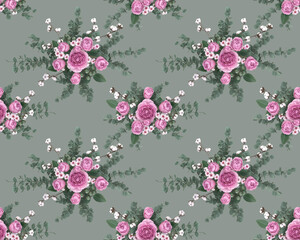 Seamless pattern, flower composition, bouquet of pink roses, eucalyptus leaves, green berries, cotton branches