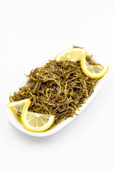 Mountain thyme with sauce. Natural olive oil thyme for breakfast on isolated white background. Healthy food. close up