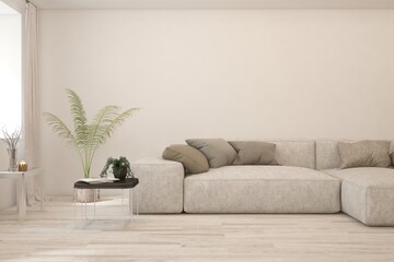 Modern living room in white color with sofa. Scandinavian interior design. 3D illustration