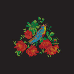 Embroidered bird, cross stitch pattern, floral ornament, vector illustration.