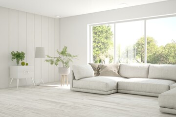 White living room with sofa and summer landscape in window. Scandinavian interior design. 3D illustration