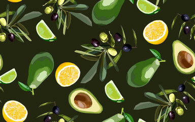 Avocado, lime, lemon, olive seamless pattern