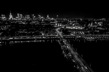 Warsaw, Poland  Cityscape with high angle above aerial view of historic architecture buildings in old town market square at night