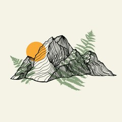 Mountains, sun and fern line art vector print. Vector illustration for textile prints, cards, design,logo. © kizuneko