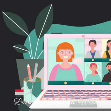 Illustration of laptop with coworkers, plant, desk organizer and learning at work week text