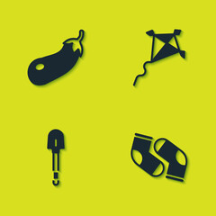 Set Eggplant, Socks, Shovel and Kite icon. Vector