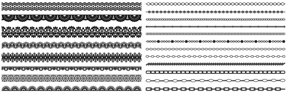 Set of wide lace ribbons with print. Black design elements isolated on white background. Seamless pattern for creating style of card with ornaments. Lace decoration template, ribbons for design