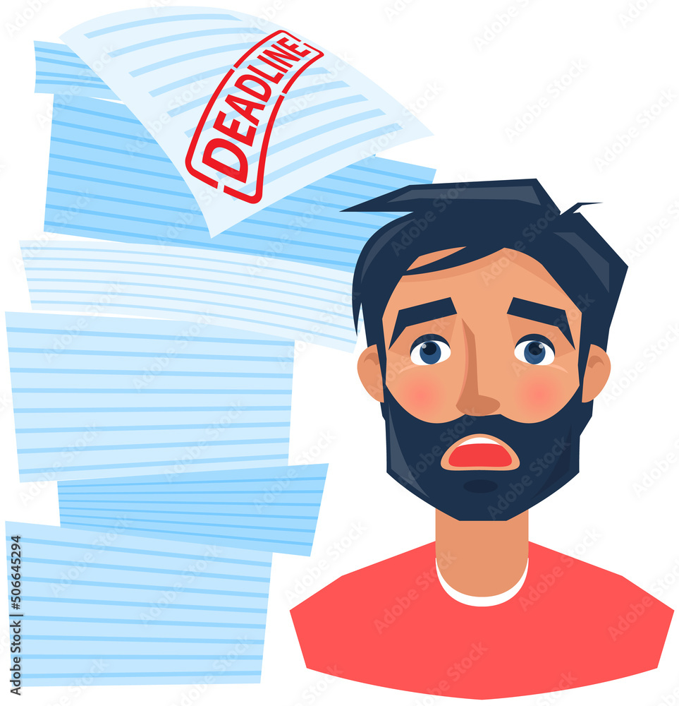 Poster paperwork, work with data to be on time. scattered sheets of paper in mess. deadline, paperwork, off