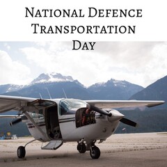 Composite of national defense transportation day text and helicopter on runway against mountains