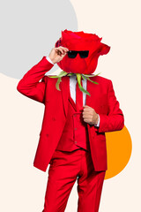 Artwork magazine collage of red rose head guy wear tux dark glasses isolated beige color background