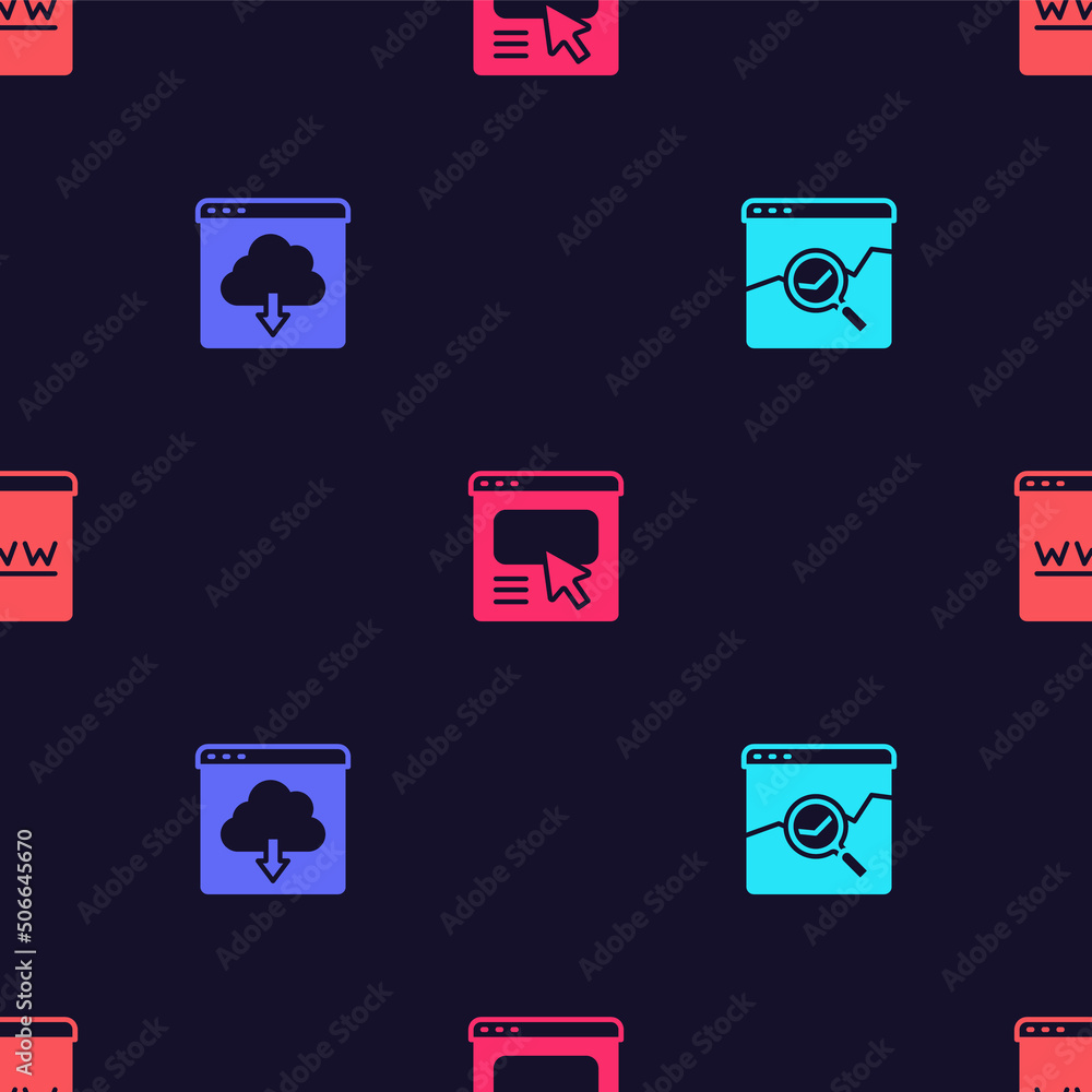 Poster set website with stocks market, cloud download, ui or ux design and browser window on seamless patte