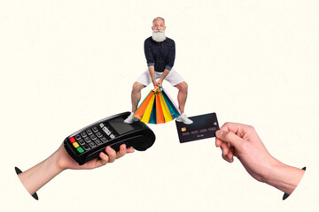 Creative template of aged man buy offer boutique packages pay debit card pos reader isolated pastel...