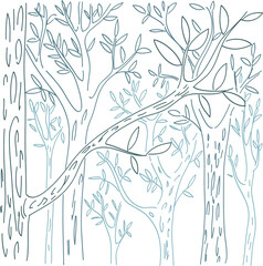 Vector forest coloring page with the bunch of trees