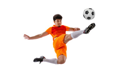 Professional football, soccer player in motion isolated on white studio background. Concept of sport, match, active lifestyle, goal and hobby