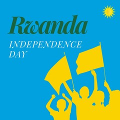 Illustration of sun and people waving flags with rwanda independence day text on blue background