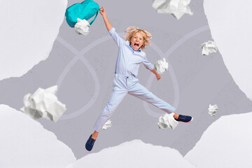 Collage artwork sketch of mad boy jump up raise bag flying damaged paper fail test isolated white grey color background
