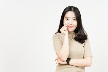 Showing Korean Love Finger Of Beautiful Asian Woman Isolated On White Background
