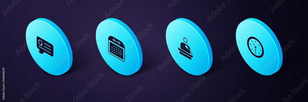 Poster set isometric clock, gives lecture, calendar and speech bubbles with question icon. vector