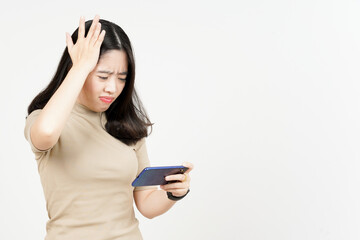 Fototapeta premium Playing Mobile Game on Smartphone Of Beautiful Asian Woman Isolated On White Background