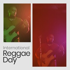 Collage of african american mid adult man playing guitar and international reggae day text