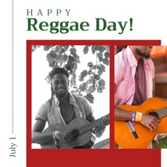Collage of african american young man playing guitars and happy reggae day with 1 july text