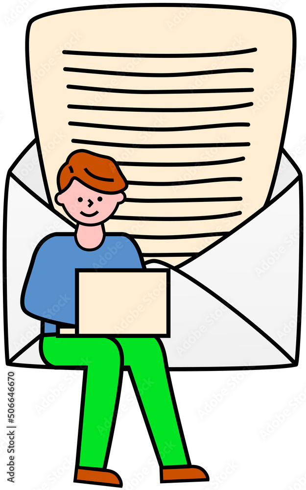 Poster man works with laptop at envelope with document. mailing, communication via mail. envelope with lett