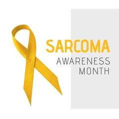 Illustrative image of sarcoma awareness month text and yellow ribbon on white background, copy space