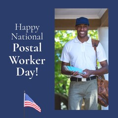 Composite of african american young postal man with mails and happy national postal worker day text