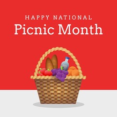 Illustratie van voedsel met drank in mand en gelukkige nationale tekst van de picknickmaand op rode achtergrond
