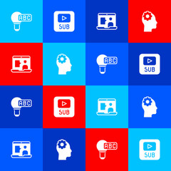 Set Creative lamp light idea, Video with subtitles, Foreign language online study and Head gear inside icon. Vector