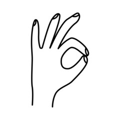 The hand gesture shows the ok, good, delicious food sign. Vector illustration of isolate on white.