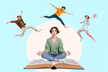 3d creative abstract template photo graphics collage of open book reader practicing yoga think thoughts isolated blue white color background