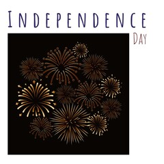 Illustrative image of fireworks display on black background and independence day text, copy space