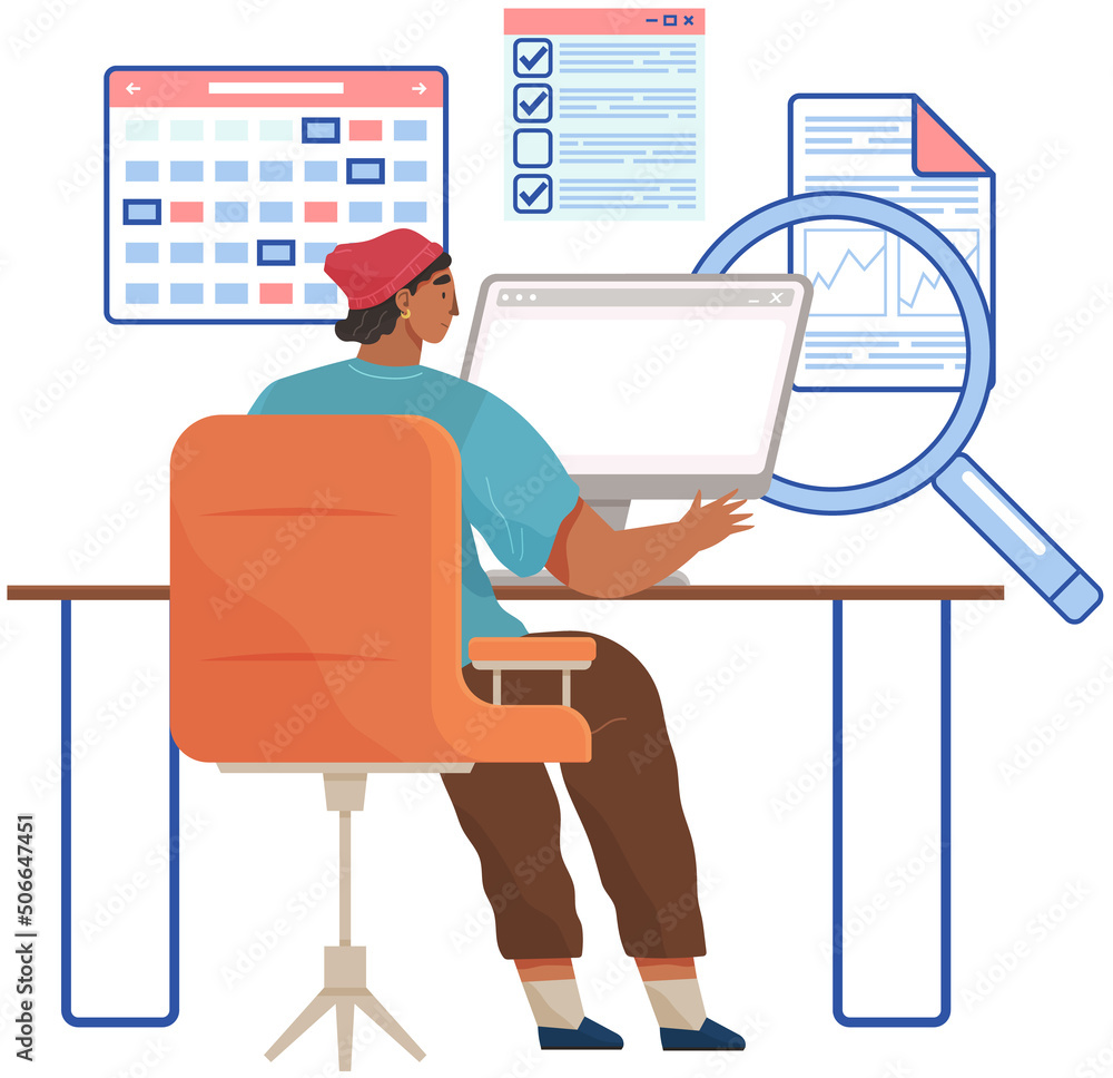 Poster man uses planning and time management program. scheduling app and work with business data. guy creat