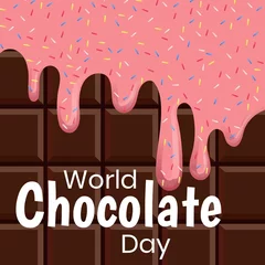 Fotobehang Illustratief beeld van de tekst van de wereldchocoladedag en een chocoladereep met hagelslag, kopieerruimte © vectorfusionart