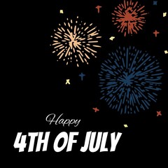 Happy 4th of july text banner and colorful fireworks icons against black background