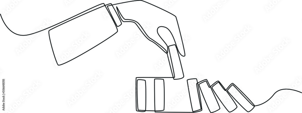 Wall mural Continuous one line drawing The hand lays down one domino so that another domino does not fall. Stop domino effect of market . Single line draw design vector graphic illustration.