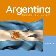Illustratie van de onafhankelijkheidsdag van Argentinië en de tekst van 9 juli met de nationale vlag van Argentinië, kopieer ruimte