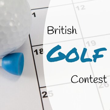 Composite image of balloon on calendar and british golf contest text on white background, copy space