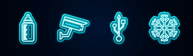 Set line Baby bottle, Security camera, USB and Snowflake. Glowing neon icon. Vector