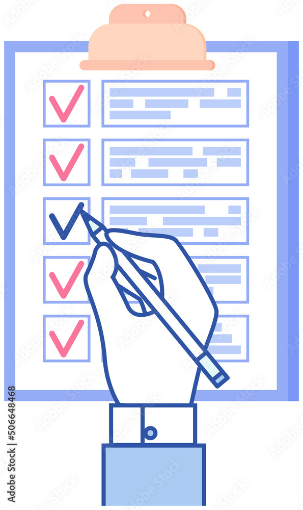 Poster hand puts tick in form, paper checklist on clipboard. person filling out document with data. working