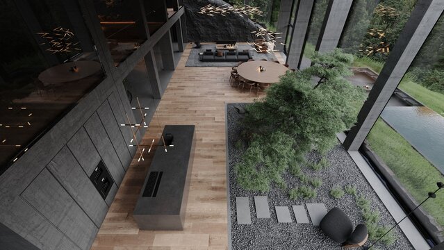 Modern loft large concrete structure space kitchen with garden, large bonsai trees, cozy living room and view to dolomiti mountains 3d rendering	
