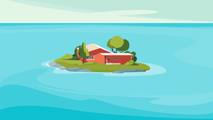 Seascape with red house on island. Beautiful natural landscape.