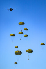 Military parachutist paratroopers parachute jumping out of a air force planes on a clear blue sky day. - 506649025