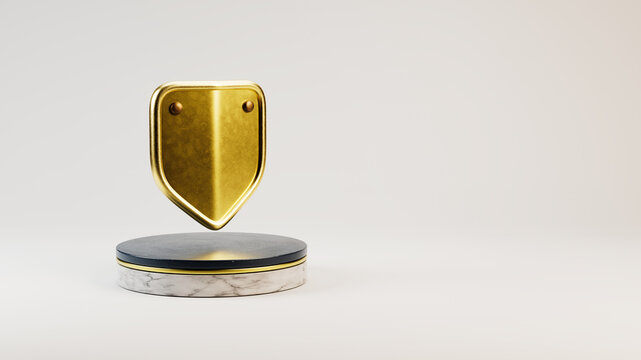 golden shield icon on a stage in front of white background