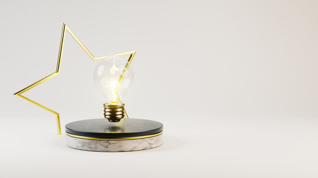 lightbulb on a stage with a golden star in front of light grey background