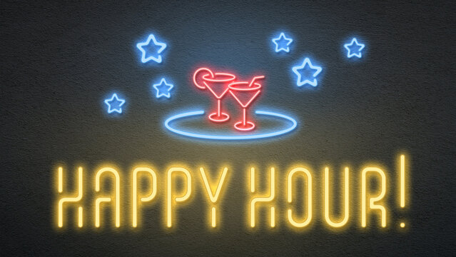 neon sign with message HAPPY HOUR on a dark wall